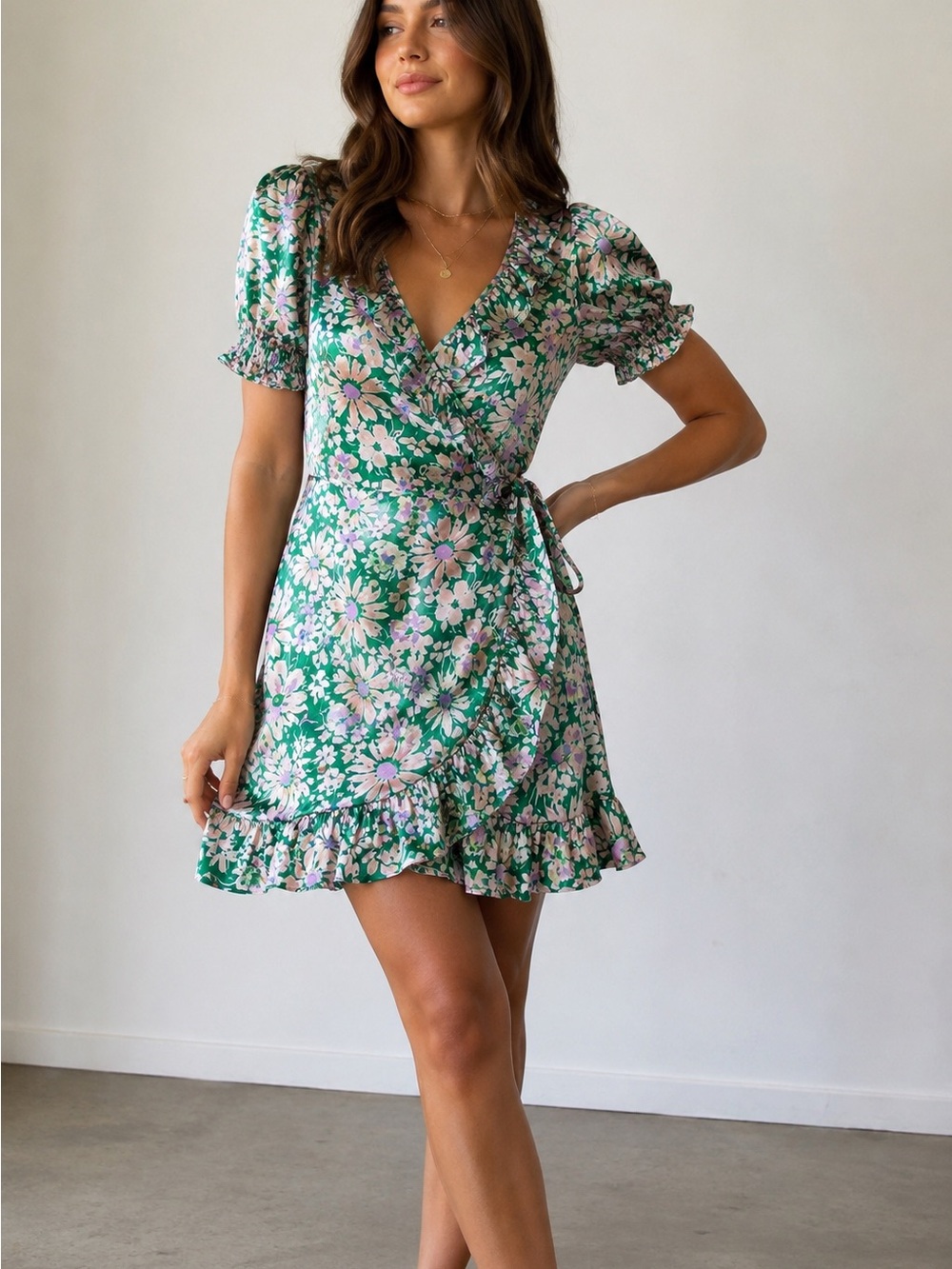 Topshop Green Floral Satin Wrap Mini Dress Puff Sleeve Ruffle Size 6